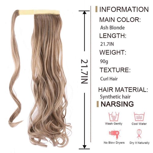 Vinzar Ponytail Extension Curly Hairpiece Claw Synbthetic Clip in Long Hair Extensions Magic Paste Hair Wraps Human Hair Pony Tail for Women (Ash Blonde-curly)