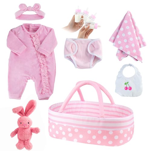 JIZHI 8 Pcs Reborn Baby Doll Clothes Set with Bassinet for 17-22 Inch Dolls, Baby Dolls Clothes and Doll Accessories Set fit Newborn Baby Doll Girl, Pink