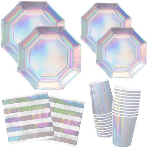 Gatherfun Iridescent Party Supplies - Disposable Paper Plates, Cups and Napkins, Ideal for Birthday, Mermaid Themed Events & Birthday or Wedding Party Decoration - Serves 16