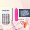 Press on Nails Tip Almond Medium, Artificial Fake Nails with Gold Lines Design, Full Cover Reusable Coffin Shaped Glossy False Nails, Nude Pink French Acrylic Nails, Glue on Nails for Women Set 24Pcs