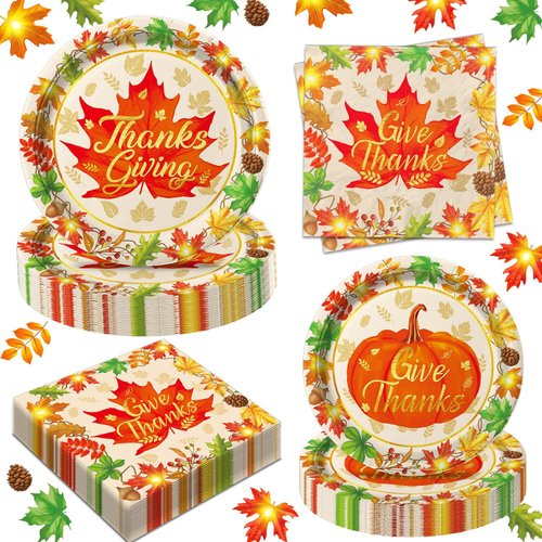 Thanksgiving Party Supplies Kit, Serves 48 Thanksgiving Party Decorations Includes Dinner Plates, Dessert Plates, Napkins for Harvest Thanksgiving Party Tableware Supplies Holiday Decorations