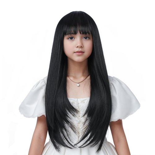Edivd Black Wig for Child Long Natural Black Wig with Air Bangs for Girls Long Black Straight Wig...