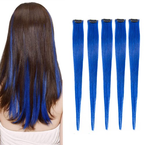 5 Pcs blue hair extensions 18 Inches Colored Christmas Party Highlights Straight Hair Clip in Human Hair Extensions in Multiple Colors