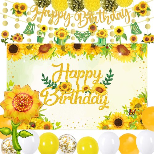 Sunflower Birthday Secorations TSVATE Sunflower Party Decorations with Sunflower Garland, Sunflower Balloons, Sunflower Backdrop, Pompoms, Sunflower Birthday Banner, Party Supplies for Women and Girls