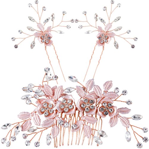 PAGOW Rose Gold Hair Combs, Leaves Rhinestone Pearl Hair Comb Clips, Hair Side Comb Clips, Vintage Flower Hair Barrette Wedding Crystal Headpieces Accessories For Women Girl Bride (2 Styles)