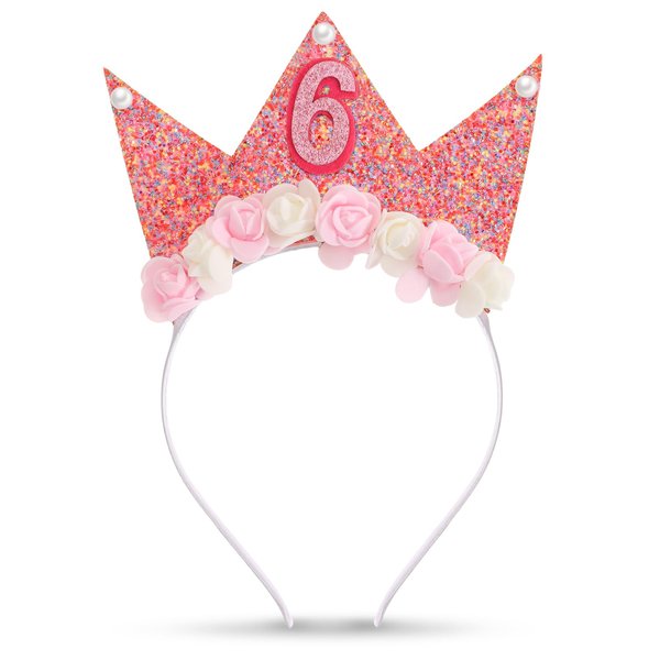 6th Birthday Girl Headband Birthday Decorations for Girl Happy Birthday Headband Birthday Crown Pink Birthday Tiara Party Favors for Girl Glitter Hair Band