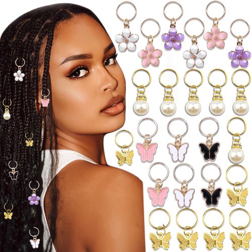 SAWINDA 24Pcs Hair Jewelry for Braids Gold Butterfly Flower Loc Dreadlock Accessories Pearl Pendant Hair Clips Handmade Barrettes Colorful DIY Hair Cuffs Rings Hair Accessories for Women