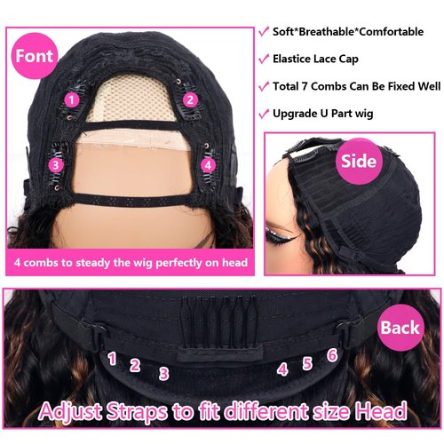 Lucasar FB30 Deep Wave U Part Human Hair Wigs for Black Women 180% Density Glueless U Shape Half Wig 180% Density Wig No Leave Out Lace Glueless Deep Curly Upgrade U Part Wigs (16 inch, FB30)