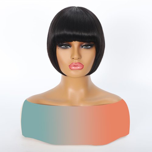 HOTJAR Pixie Cut Wigs For Black Women Short Human Hair Wigs With Bangs Short Layered Pixie Wigs Full Machine Made Wig Natural Black Color (Pixie cut wigs 292# 8 Inch)