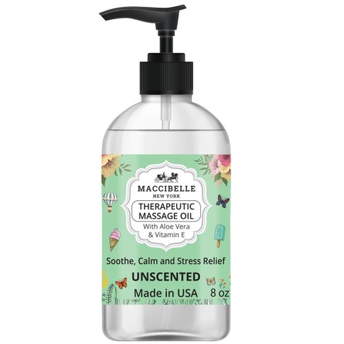 Maccibelle Unscented Natural Sensual Massage Oil for Couples Therapeutic Massage with Vitamin E and Aloe Vera a for soothing, calming and muscle relief 8 oz Fragance Free (Unscented)