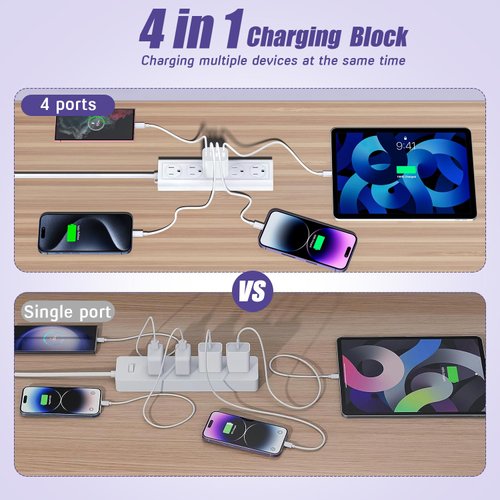 USB Fast Charging Block, 4-Port 40W Charge Adapter for iPhone Dual USB C Charger, Multiport Type C Fast Charger for iPhone 16/16 Plus/ 16 Pro/16 Pro Max/15/14/13/12, iPad Pro/iPad Air, iPad mini, iPad