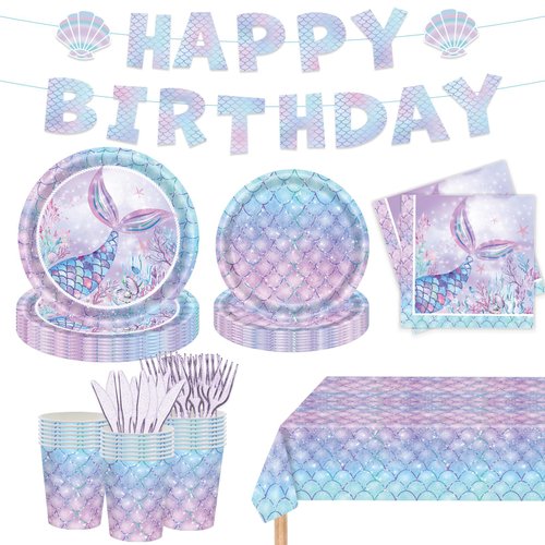 122PCS Mermaid Themed Party Supplies for Girls Baby Shower Under the Sea Mermaid Birthday Party Decorations Ocean Party Tableware Plates Cups Napkins Knives Forks for 20 Guests