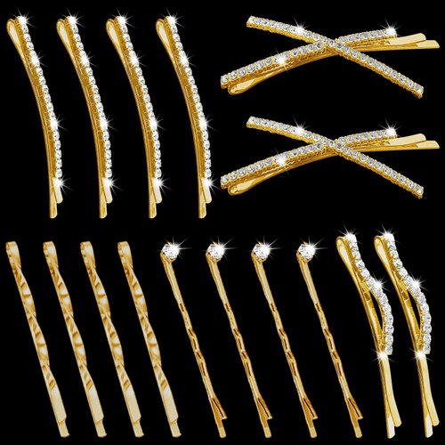 16 Pieces Gold Rhinestone Bobby Pins Set Delicate Decorative Fancy Crystal Hair Clips Shiny Fancy Metal Barrettes, I S X Shaped Diamond Hair Accessories for Women Ladies Girls Wedding Prom Party