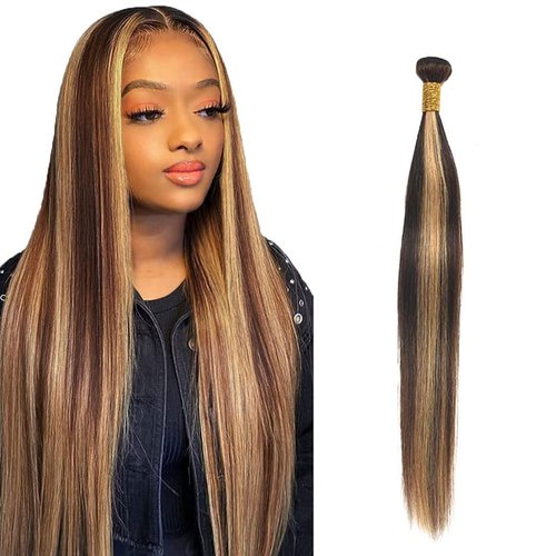 Muaowig P4/27 Straight Human Hair Bundles Highlight Brazilian Remy Hair Extensions 1 Bundles Brown And Honey Blonde Hair Bundles Hair Weaves For Women 24 Inch
