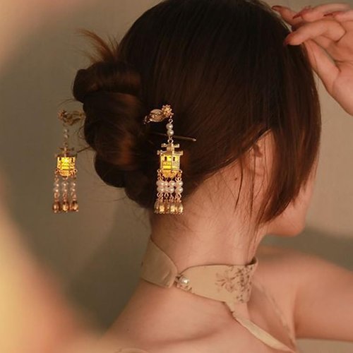 Comimark 2 PCS Ancient Style Hairpin Hair Clips Chinese Lantern Lotus Flower Tassel Headpieces For Women Girls, Ponytail Updo Bun For Thin Thick Hair