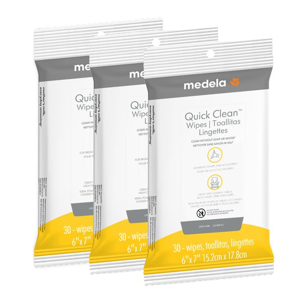 Medela Quick Clean Breast Pump and Accessory Wipes 90ct, 3 Packs of 30 Count, Resealable, Convenient and Hygienic On The Go Cleaning for Tables, Countertops, Chairs, and More