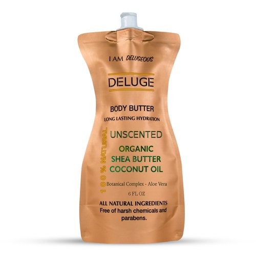 DELUGE Unscented Body Butter for Women & Men – 100% Organic Body Butter for Dry Skin - USA Made Natural Body Butter with Long Lasting Hydration & Non-Greasy Finish (6 FL OZ)