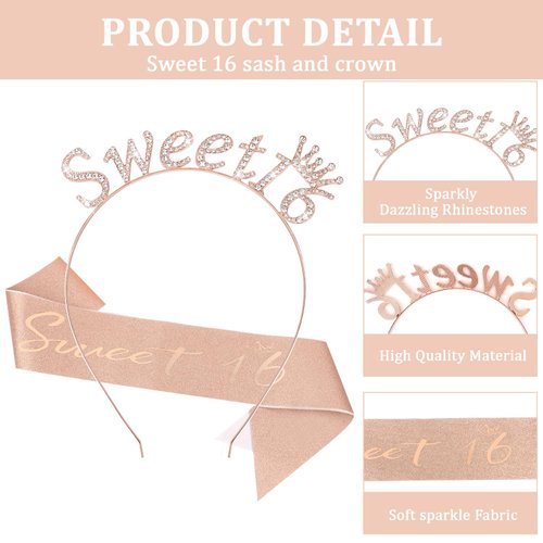 CAVETEE Sweet 16 Party Decorations,Rose Gold Sweet 16 Sash and Crown 16th Birthday Crown for Girls 16th Happy Birthday Party Decorations