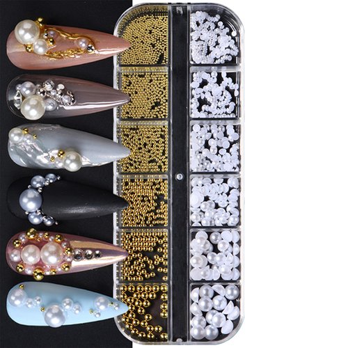 1 Box Gold Caviar Beads for Nails Charms Half Round Pearl Nail Charms Nail Jewels for Nail Art Kit,Small Stainless Steel Beads White Pearl Beads Flat Back Pearls for Crafting Charms for Nails Design
