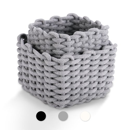JooHome Small Woven Baskets, Decorative Square Storage Baskets for Pantry, Shelves, Living Room, Cotton Rope Organizer, Multi-Size, 2-Pack (Grey)