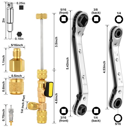 WADEO Valve Core Remover Tool & HVAC Service Wrench Set with Hex Bit Adapters, Dual Size SAE 1/4 & 5/16 Port, HVAC Tools with 15 PCS Valve Cores, 2 PCS Brass Nuts for HVAC Equipments Repair