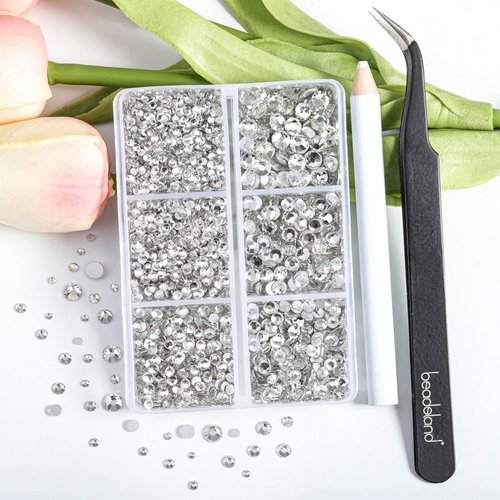 Beadsland 4300pcs Flatback Rhinestones,Clear Rhinestones Nail Gems Round Crystal Rhinestones for Crafts,Mixed 6 Sizes with Picking Tweezers and Wax Pencil Kit, SS6-SS20,Crystal