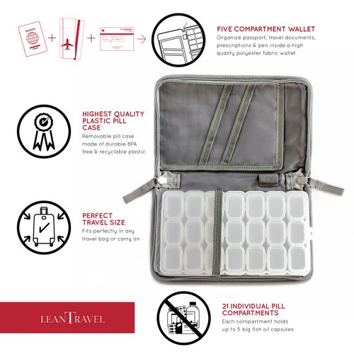 Leantravel Pill Case Organizer for Travel with Passport Wallet, Color Grey, Size Small for 7 Day Travel