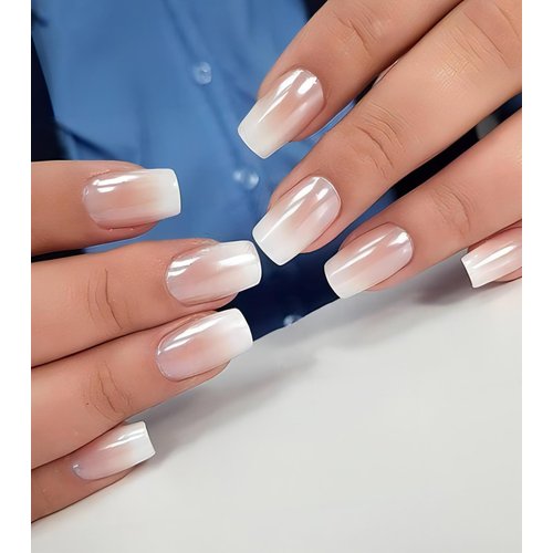 Sqaure Press On Nails Medium - Aegenacess Nude White Ombre Press on Nails, Stick On Nails for Women, Fake Nail with Jelly Stickers, Glue on Nails in 12 Sizes - 24 Nail Kit, Glazed Design