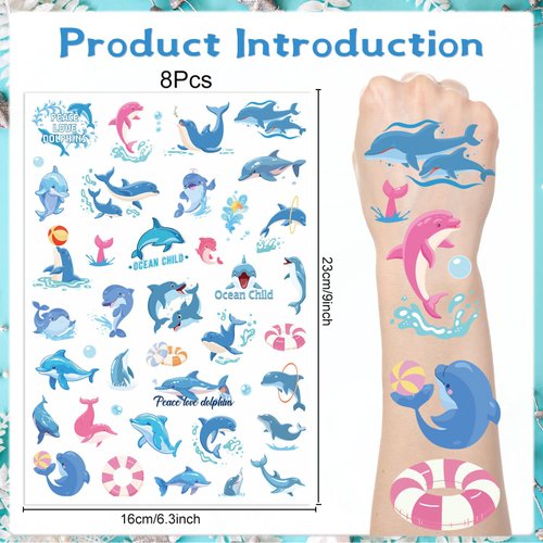 Lovarywow Dolphin Temporary Tattoos Stickers - 200+ Dolphin Temporary Tattoo Kids Ocean Animals Themed Party Decorations Sea Themed Party Fevors Cute Temporary Tattoos Party Supplies Rewards Prizes