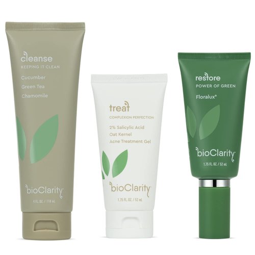 BioClarity 3-Step Acne Routine (Full Size) for Oily or Acne-Prone Skin | 100% Clean, Vegan Ingredients. Includes Cleanser, Acne Treatment Gel with Salicylic Acid, and Restorative Green Gel