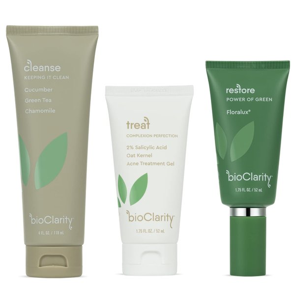 BioClarity 3-Step Acne Routine (Full Size) for Oily or Acne-Prone Skin | 100% Clean, Vegan Ingredients. Includes Cleanser, Acne Treatment Gel with Salicylic Acid, and Restorative Green Gel