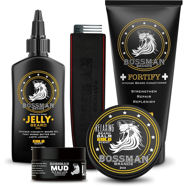 Bossman Complete Beard Kit - Men's Beard Oil Jelly, Fortify Shower Conditioner, Balm, Mustache Wax and Comb - Beard Softener, Growth, Care and Grooming Products Kit (Gold)