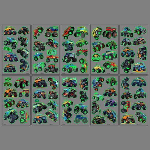 Glow in The Dark Monster Truck Temporary Tattoos for Car enthusiasts 80Pcs (10 sheets) Luminous Monster Truck Tattoos for Birthday Party Supplies Party Favors Fake Tattoos Prize Gifts