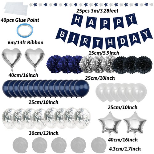 ZERODECO Birthday Decorations for Men, Navy Blue Birthday Party Decorations Happy Birthday Banner Pompoms Balloon for Boys Girls Men Women Birthday Party Decorations Supplies - Navy Blue Black Silver