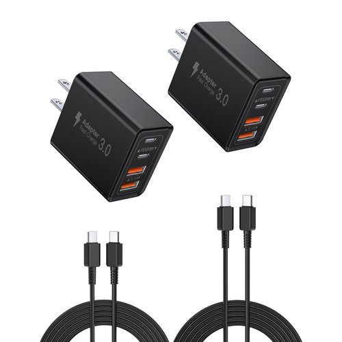 USB C Charger, 2-Pack 40W 4 Port USB C Fast Wall Charger Type C Charging Block Brick Cube, USB C Charger Block for iPhone 16/15/iPad Pro/AirPods, Galaxy and More (2-Pack 6 ft USBC Cable Included)