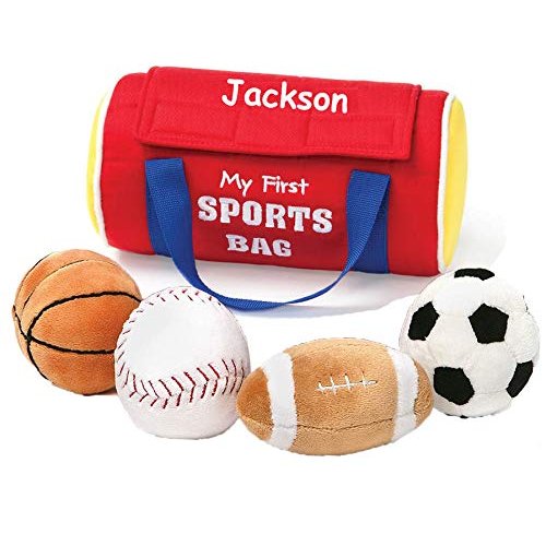 The Trendy Turtle Personalized My First Sports Bag Stuffed Plush Playset with Mini Plush Basketball Baseball Football and Soccer Ball - 8 Inches RED