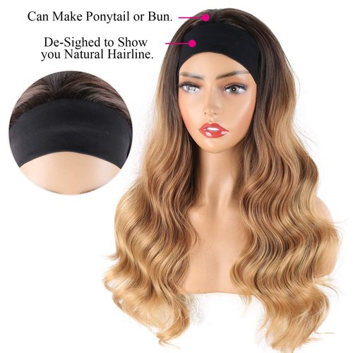 LEOSA Ombre Headband Wig Body Wave Blonde Synthetic Wig with Headband Real Wigs,Long Wavy Ombre Wigs for Black Women Blonde Wavy Headband Wig