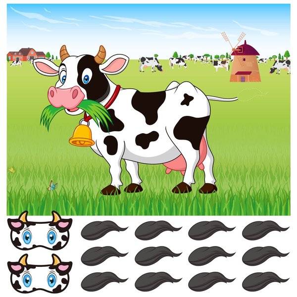 ASTARON Pin The Tail on The Cow Game with 30 Tail Stickers for Farm Birthday Supplies Pin Game, Boys Girls Animal Party Favors Christmas Decorations Home Wall Decor