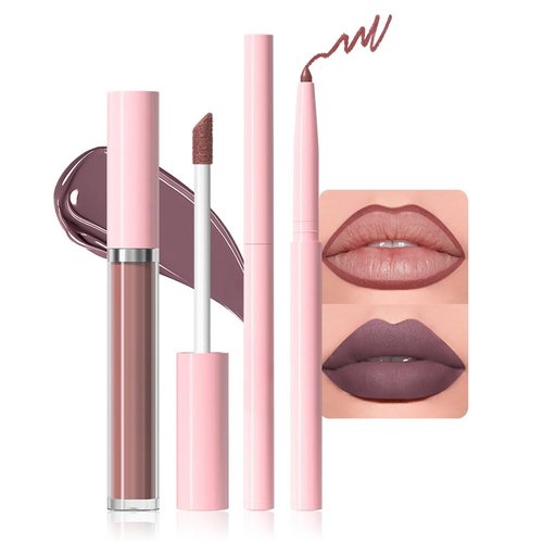 JUAAZIN 2pcs Light Maroon Matte Lip Liner and Lipstick Makeup Set, Vegan Lipstick Lip Liner and Gloss Set Lip Stain Long Lasting Waterproof Smudge-Proof Properties Non-stick Cup(Light Maroon 01#)