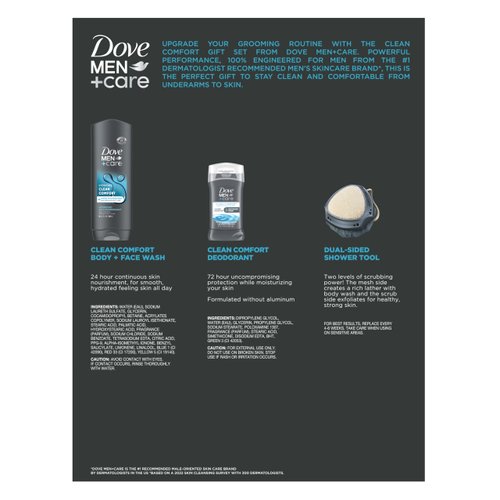 Dove Men+Care Gift Set – Clean Comfort Body + Face Wash, Clean Comfort Aluminum-Free Deodorant & Dual-Sided Shower Tool (3 Piece Set)