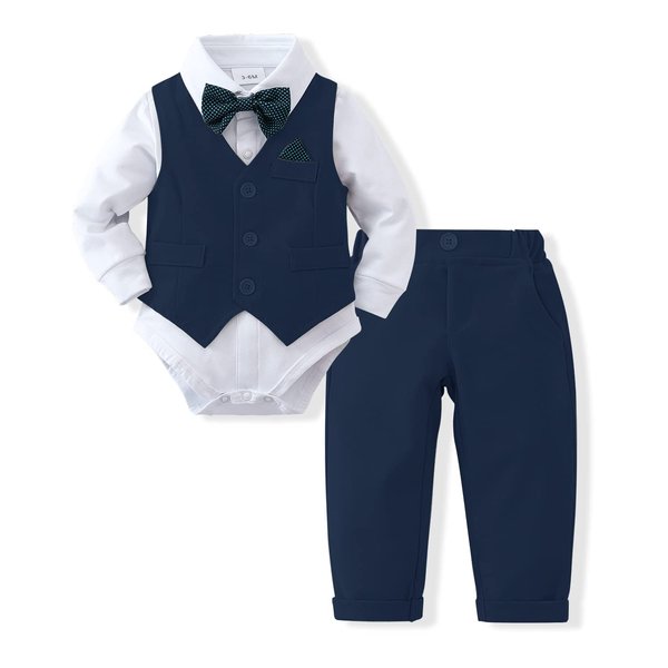 DISAUR Baby Boy Clothes Toddler Boy Outfits, 4PC Gentleman Dress Romper + Vest + Pants + Bow Tie Cotton Suit Set (Navy Blue,12-18 Months)