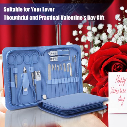 Professional Manicure Set,17-Piece Nail Care Kit with Stainless Steel Ingrown Nail Toenail Cuticle Cutter Clipper Pedicure Kit,Grooming Kits with Portable Travel Case (Blue)