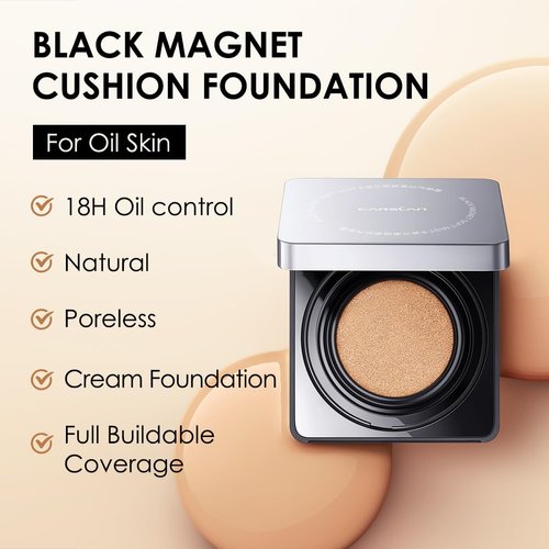 CARSLAN Black Magnet Cushion Foundation - Full Buildable Coverage, Moisturizing, Lightweight, 18H Long-Lasting Glow Looking, Refill Included, K01.Warm Fair