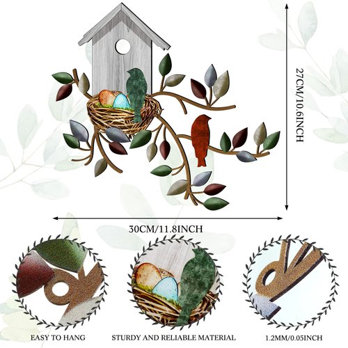 Peryiter Birds Wall Decor Metal Bird Decor for Wall Outdoor Bird Wall Art Hanging Metal Tree with Birdhouse for Living Room Metal Tree Leaf Wall Decor for Indoor Outdoor Garden (White)