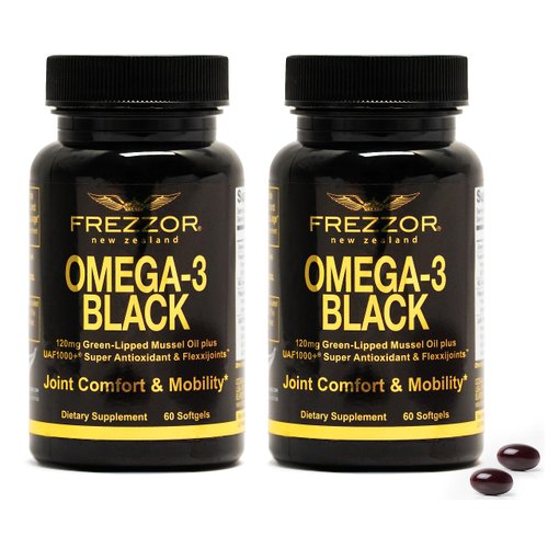 FREZZOR Omega 3 Black for Joint Care & Comfort - New Zealand Green Lipped Mussel Oil Capsules; 53x Higher Potency with UAF1000+ Super Antioxidant, No Fishy Aftertaste, 60 Count (Pack of 2)