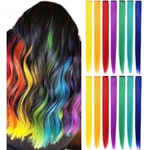 LSKJMO14PCS 22 inch Rainbow Wig Pieces Party Highlights Clip in Colored Hair Extensions Multicolors Straight Synthetic Hairpieces for Women Girls(Colorful Set)