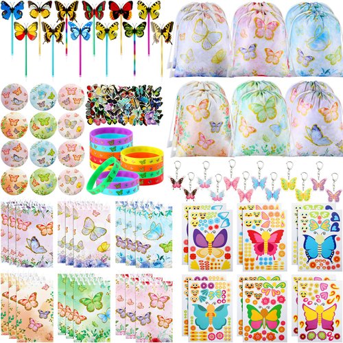 Vertintong 140 Pcs Butterfly Party Favors Butterfly Birthday Party Supplies Include Mini Notebook Pen Keychain Bracelet Drawstring Bag Sticker Fairy Party Favor for Butterfly Birthday Party Supply