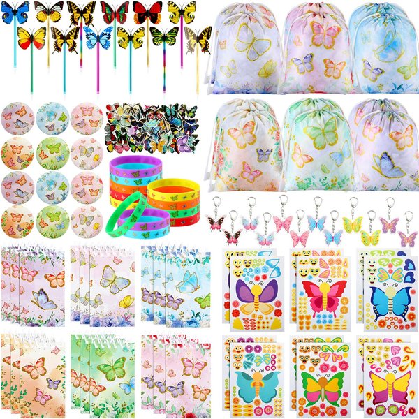Vertintong 140 Pcs Butterfly Party Favors Butterfly Birthday Party Supplies Include Mini Notebook Pen Keychain Bracelet Drawstring Bag Sticker Fairy Party Favor for Butterfly Birthday Party Supply