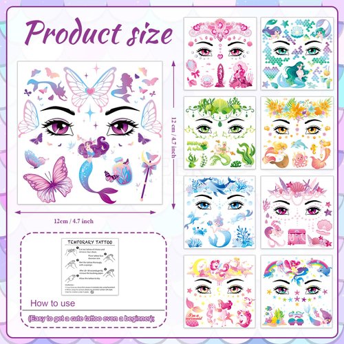 HOWAF 9 Sheets Mermaid Face Tattoos, Under The Sea Mermaid Temporary Tattoos for Girls Birthday Party Decorations, Mermaid Ocean Animal Face Painting Tattoos Stickers for Summer Party Supplies