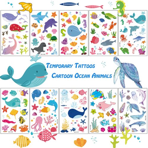 TopFunny Temporary Tattoos for Kids, 160Pcs Cartoon Ocean Animals Fish Tattoos (10 Sheets) Waterp...